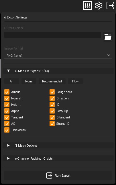 Export Settings panel with image format, map selection, mesh options, channel packing, and Run Export.