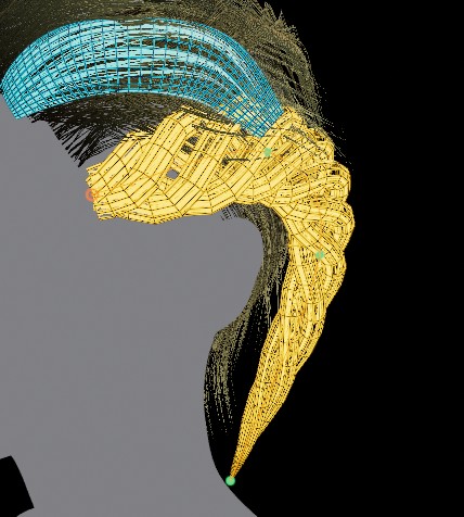 Hair cards groomed onto a character head in the HairStorm 3D Grooming workspace.