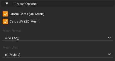 Mesh export options for Groom Cards and Cards UV with format and unit selectors.