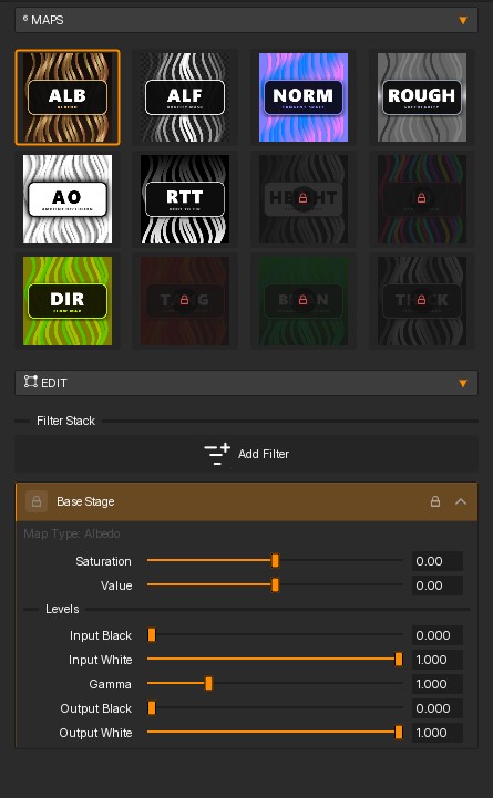 HairStorm texture panel showing baked hair card maps with non-destructive filter controls.